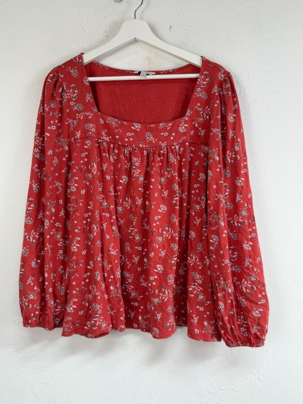 LUCKY BRAND Women Red Floral Square Neck Peasant Top Long Sleeve Cottagecore XXL